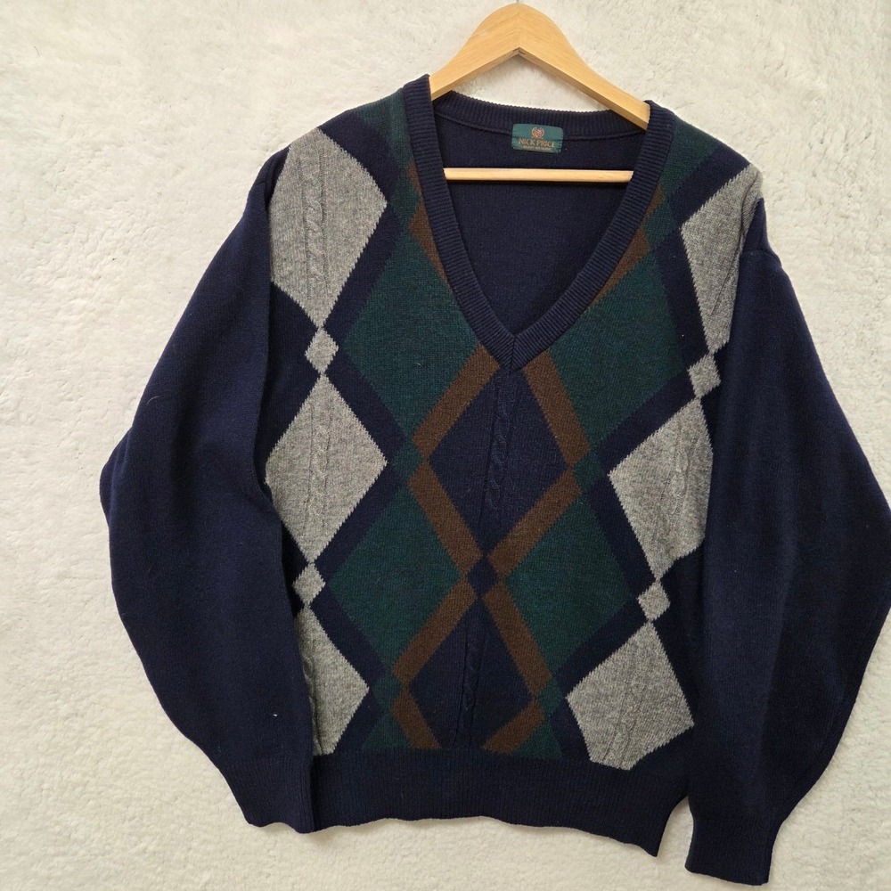 NICK PRICE Argyle V Neck Grandpa Sweater Navy Green Men's Large‎ Golf Classic